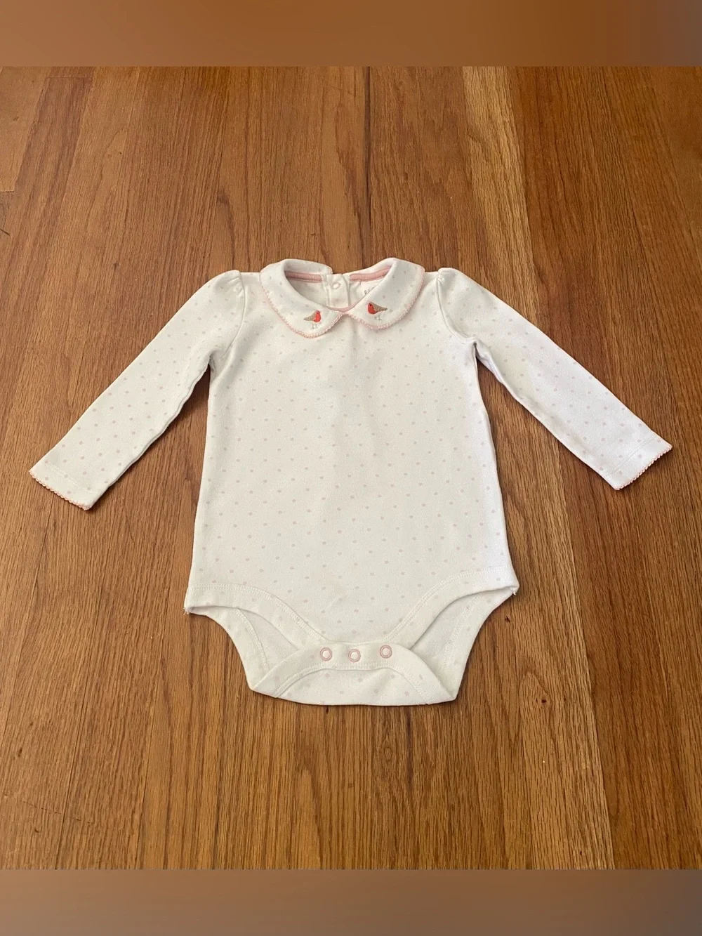 Baby Boden Dots Bodysuit with Bird Embroidered Collar